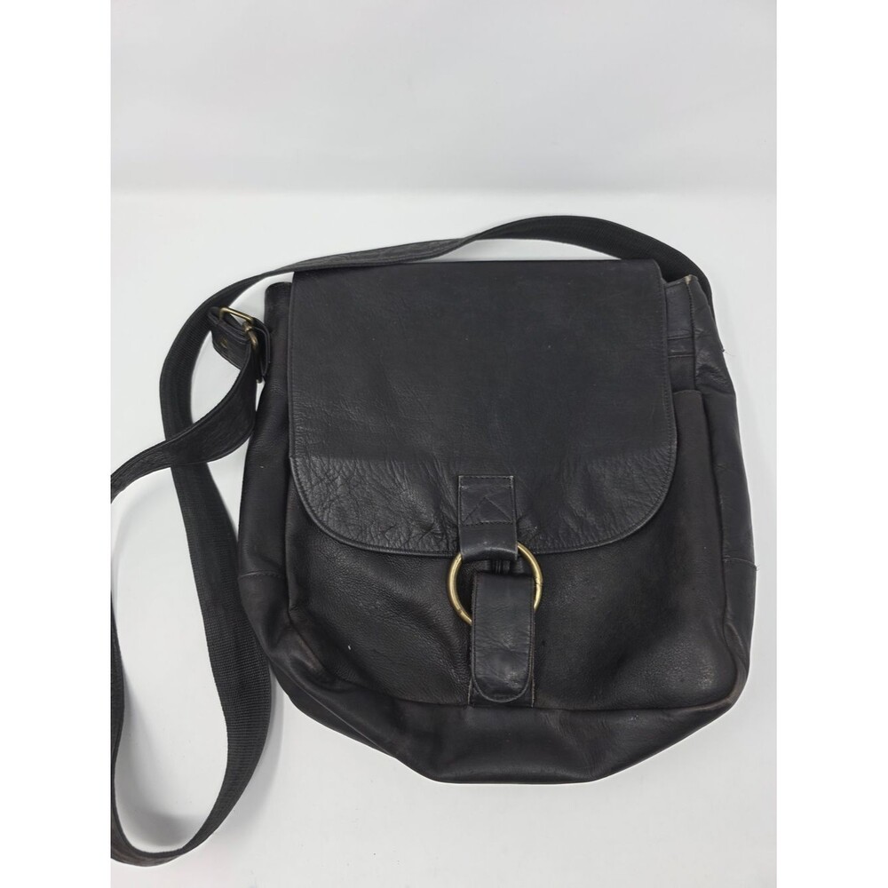 Black Genuine Leather Messenger Bag Crossbody Hair-On-Hide Interior Flap